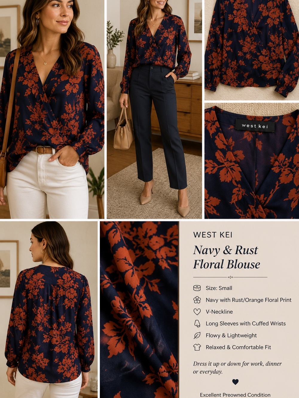 West Kei Navy & Rust Floral Long Sleeve Blouse – Size S